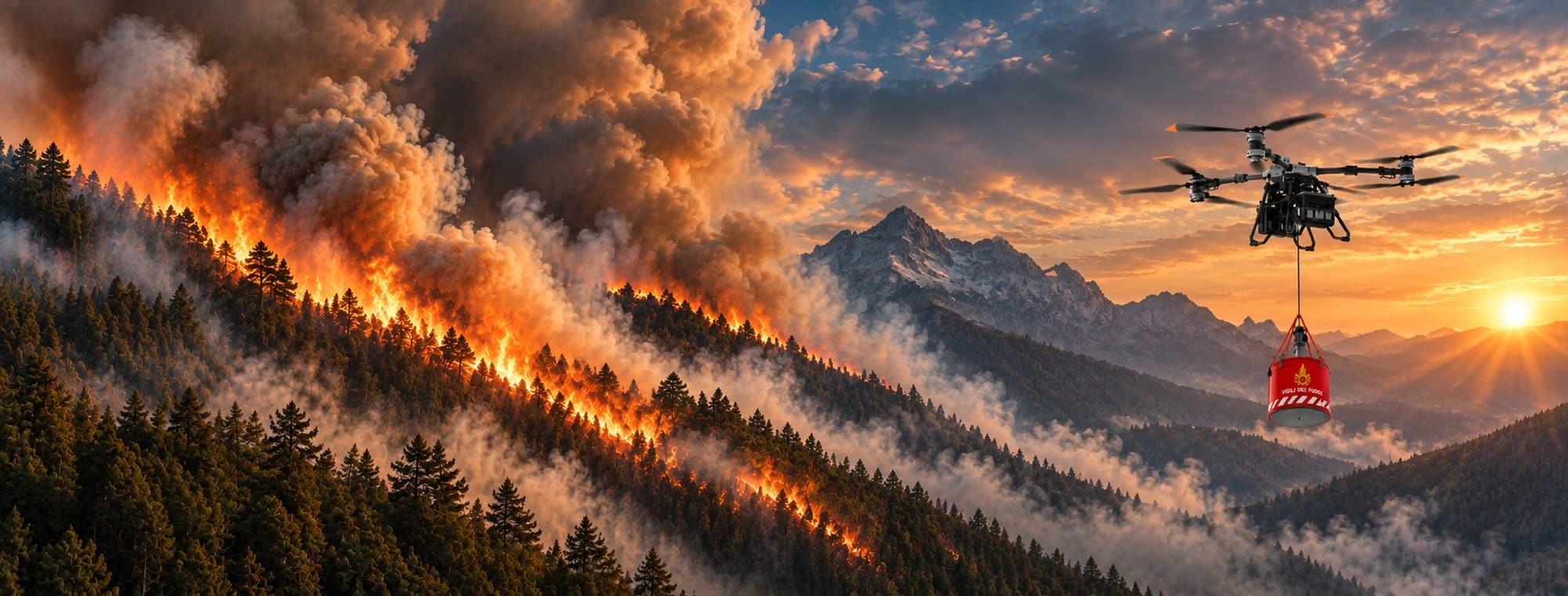 Drone cargo DJI FlyCart 100 con benna antincendio in volo sopra un incendio boschivo al tramonto
