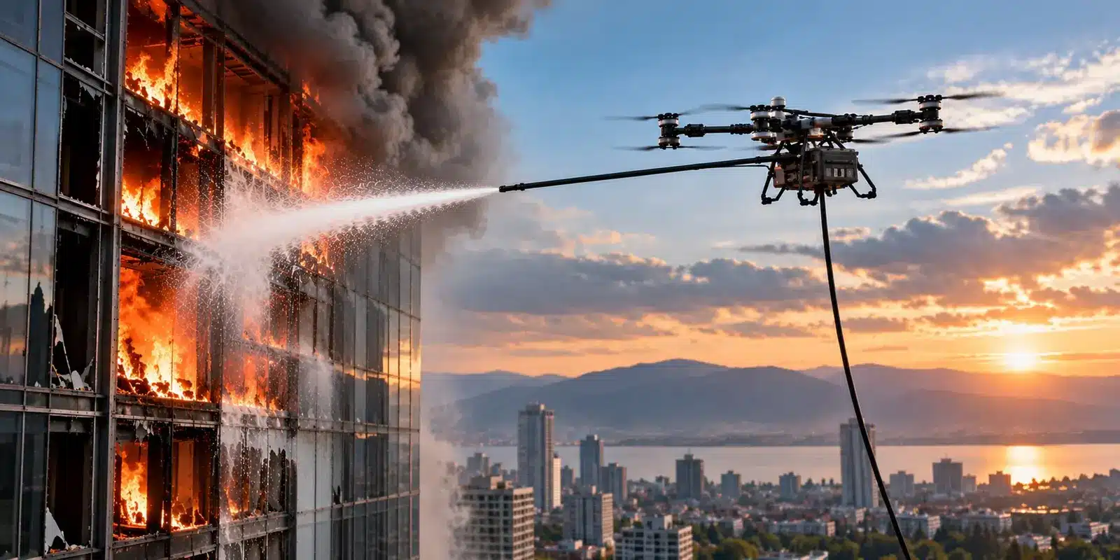 Firefighting drone with a ground-fed lance directing the jet at a building