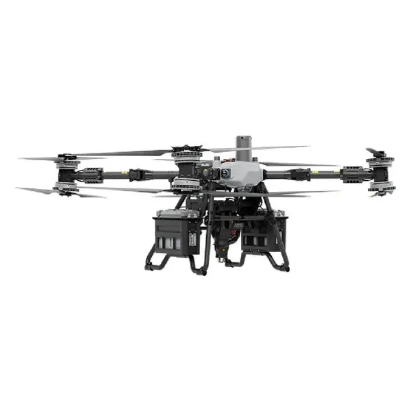 DJI FlyCart 100 cargo drone used as a firefighting aircraft with lance