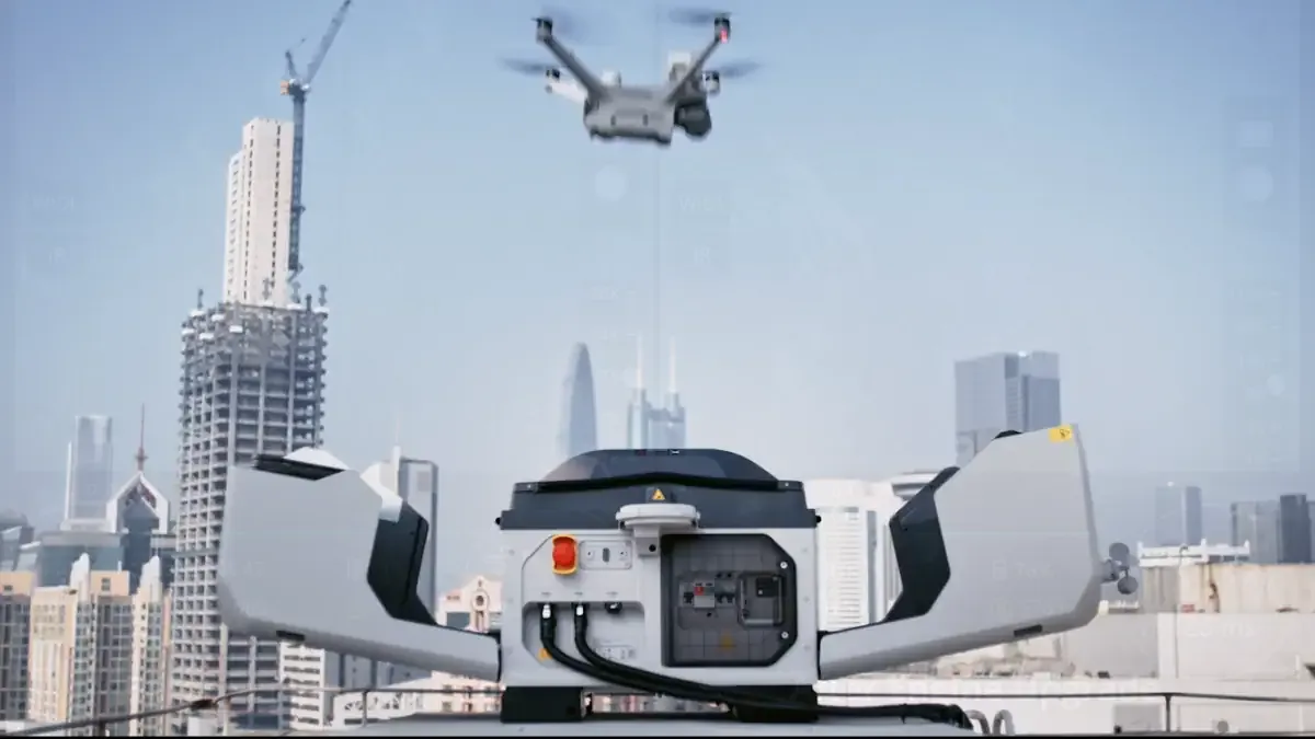 Video surveillance drone taking off from the DJI Dock 3