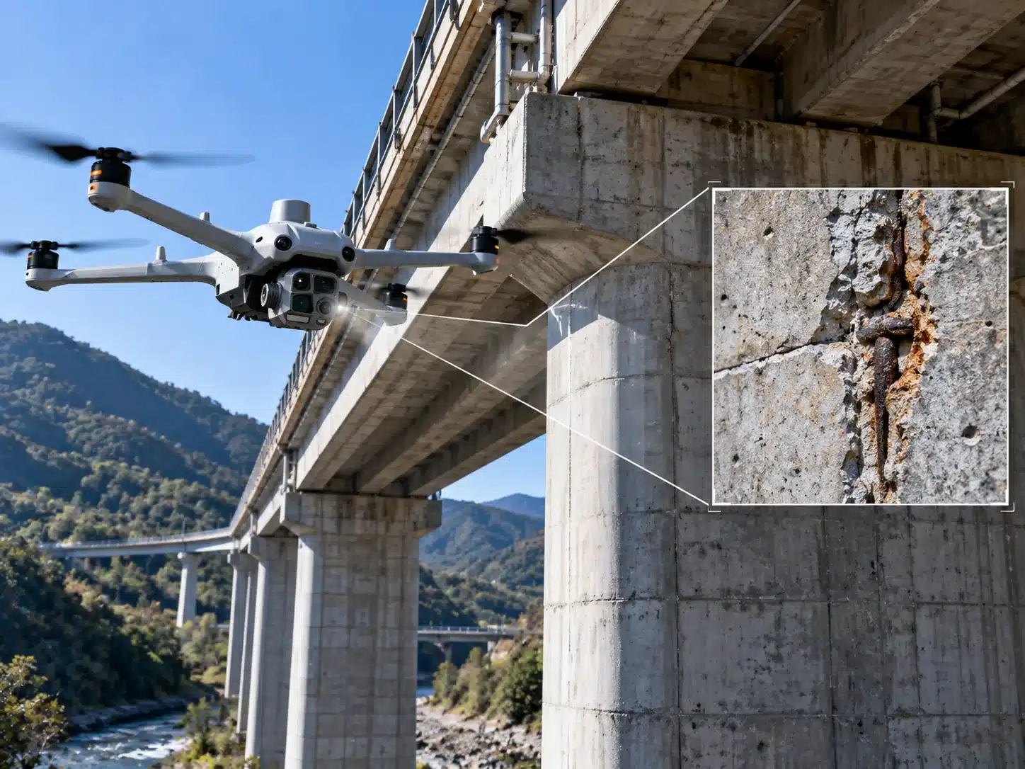 Close-range visual inspection of an infrastructure asset with a drone and zoom camera, automatic mission from dock