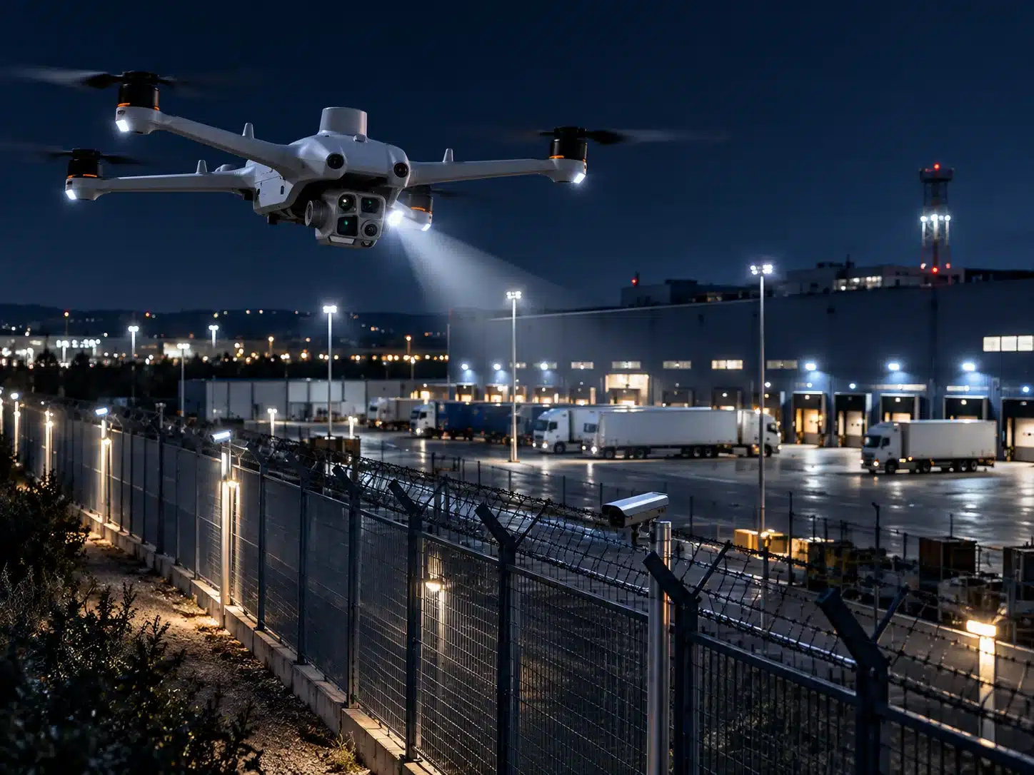 AI drone on a night perimeter patrol over an industrial site