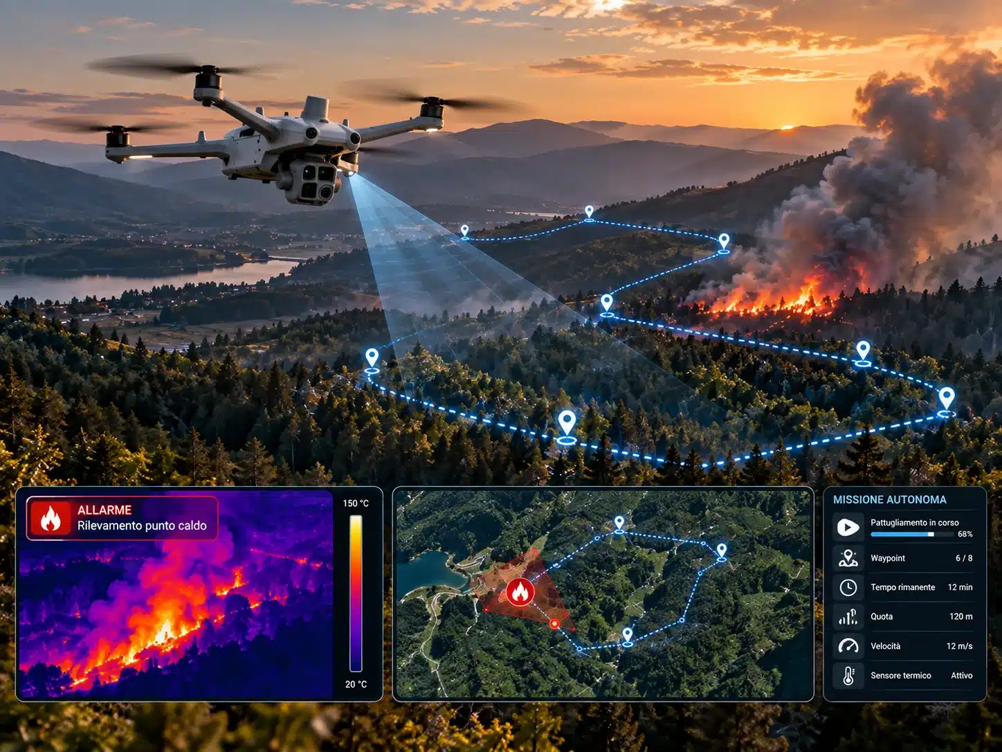 Autonomous thermal drone patrolling above a forest for wildfire monitoring