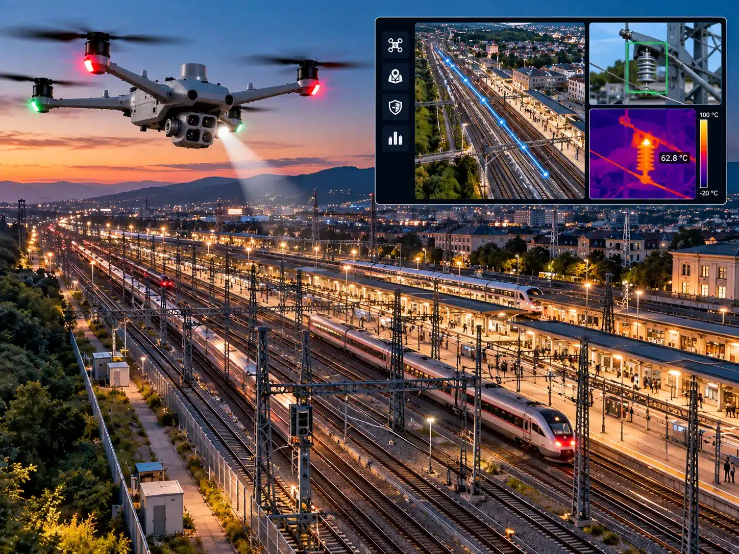 Drone flying along a railway line for infrastructure monitoring