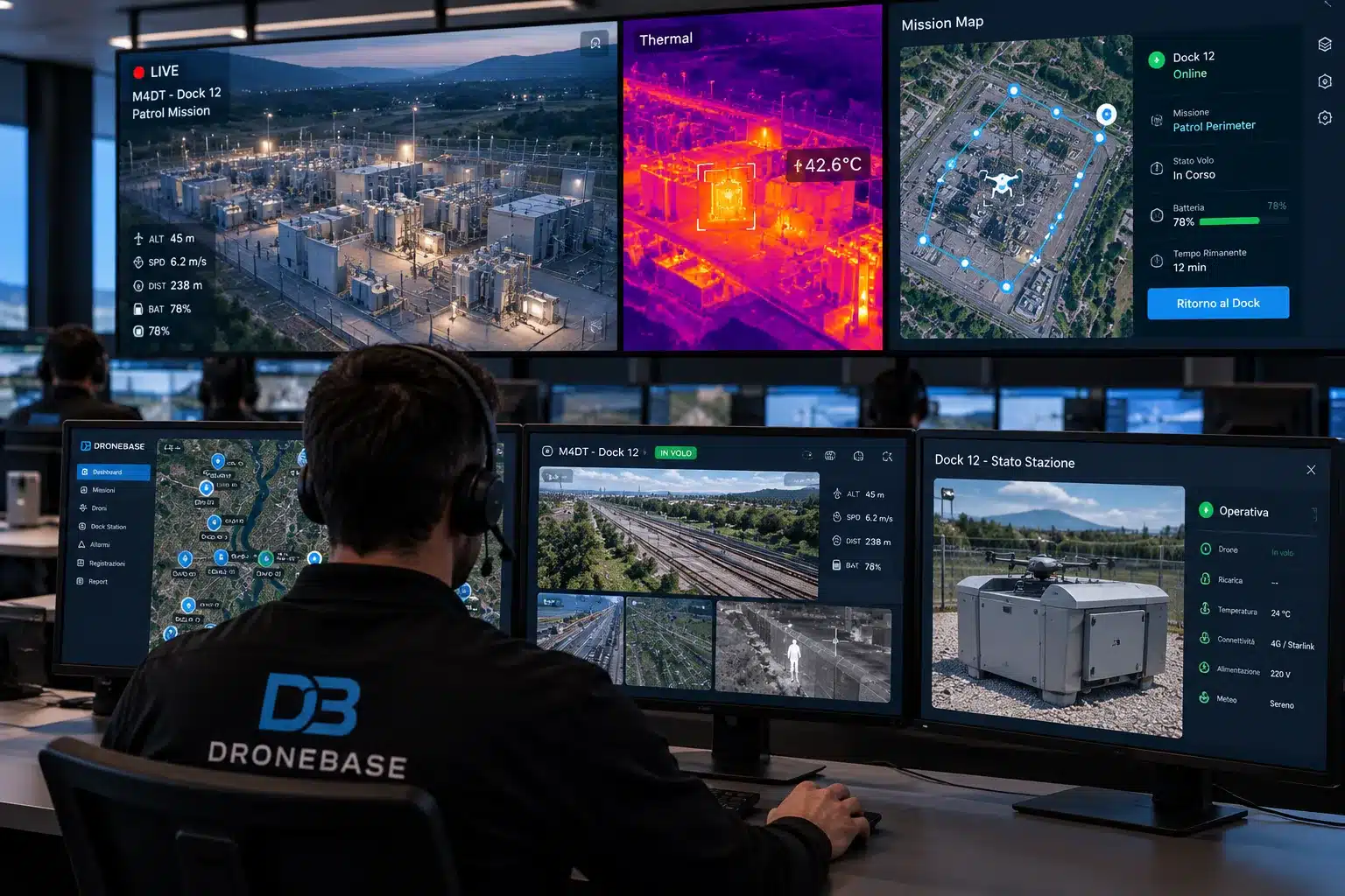 DroneBase ReADI Control Center: operator in the control room with drone feed, mission map and dock status