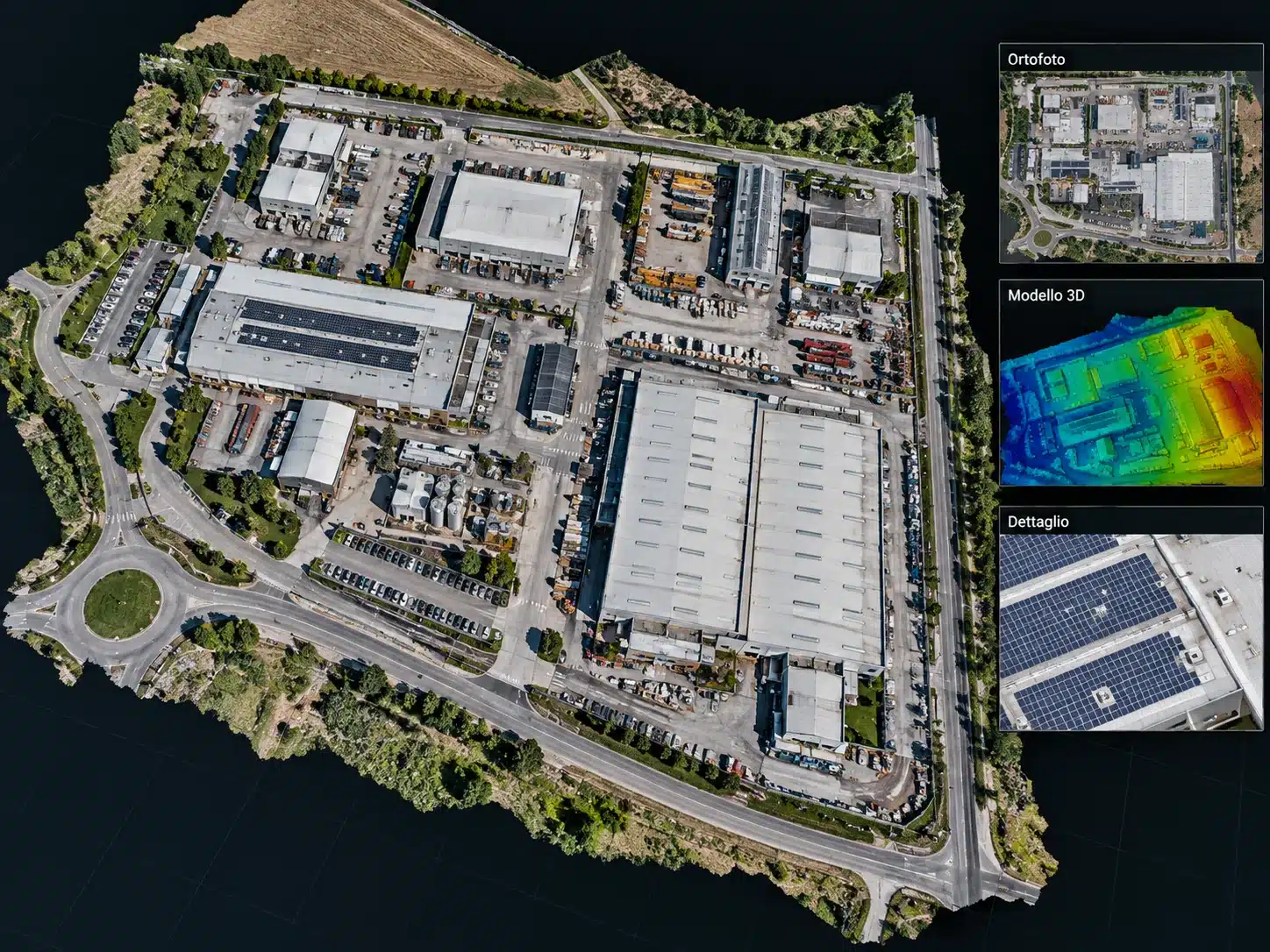 Orthophoto and photogrammetric model of an industrial area generated by an automatic drone mission