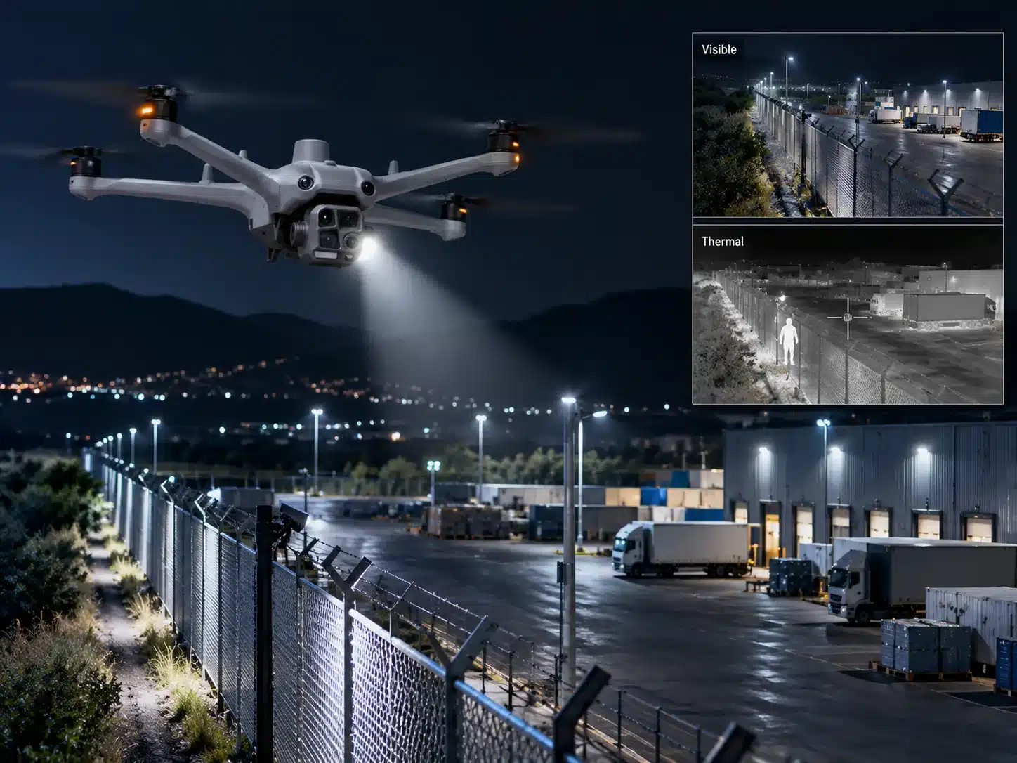 Night patrol by a dock-based drone along the perimeter of a logistics site: visible and thermal view for video surveillance
