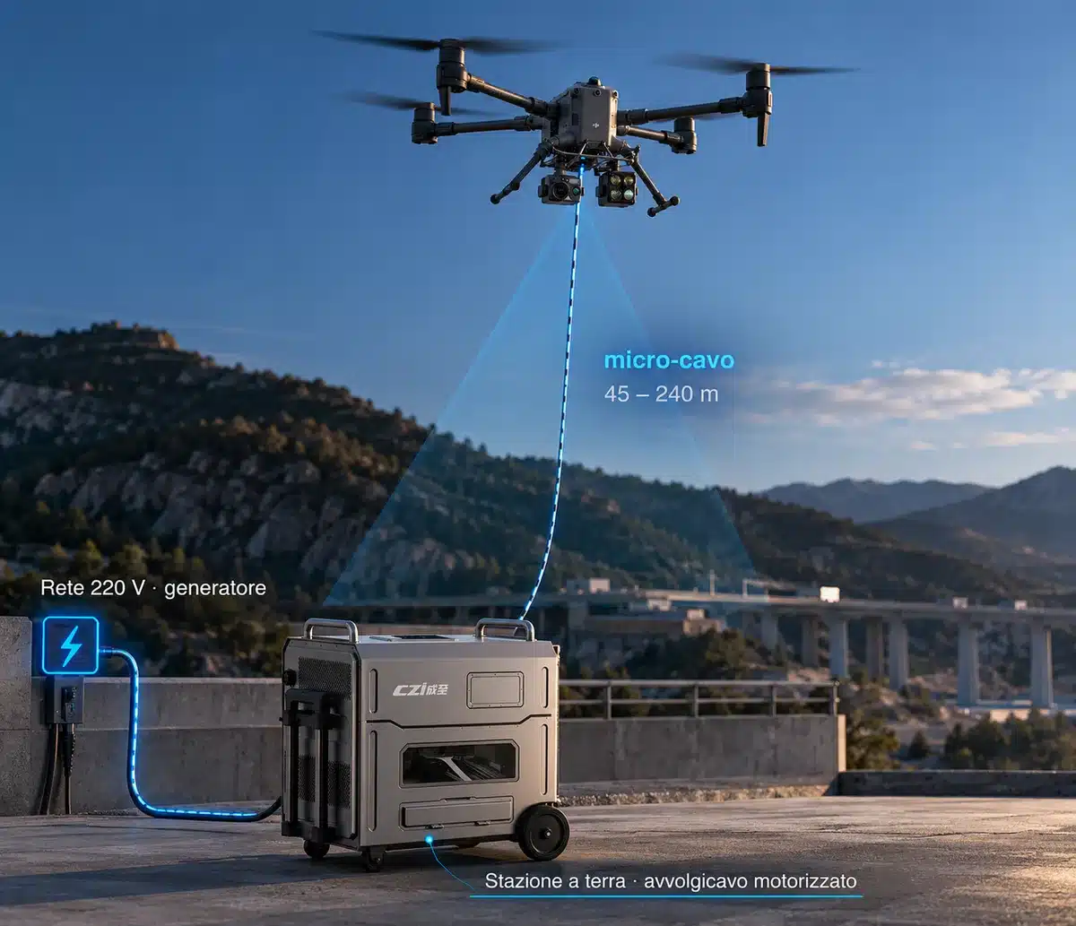 Tethered system in operation: DJI Matrice drone powered from the ground by micro-cable