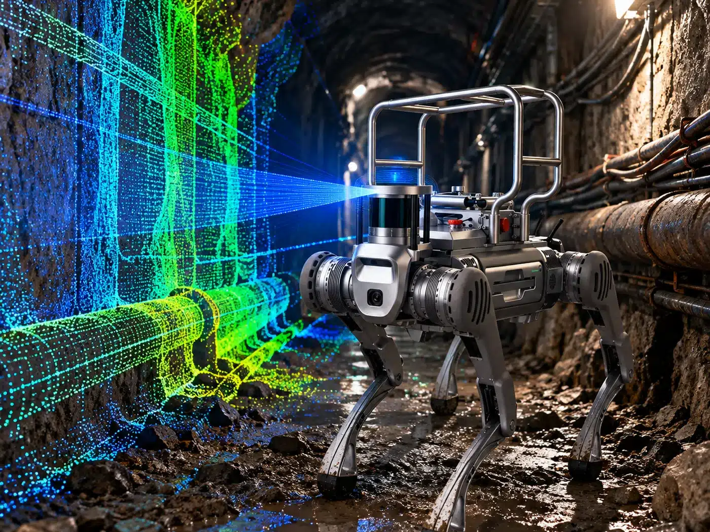 Quadruped robot with LiDAR in an underground tunnel: the point cloud reconstructs walls and pipework along the route