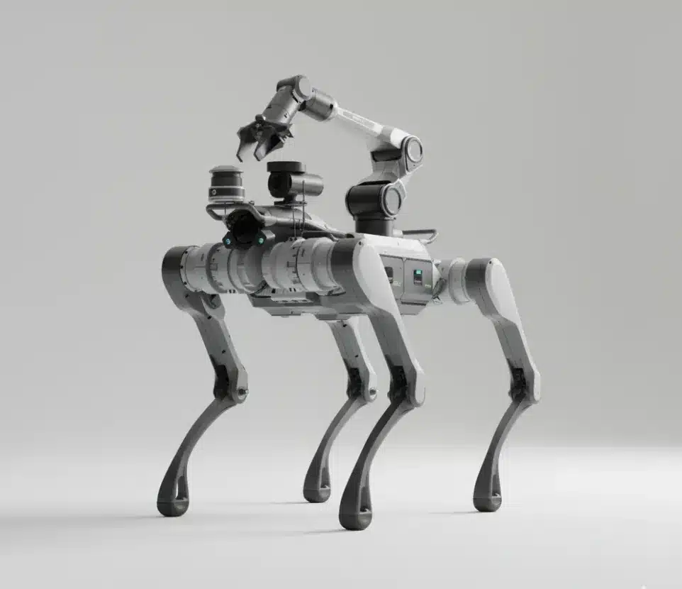 Unitree A2 Pro fitted with a robotic arm, LiDAR and depth camera for teleoperation