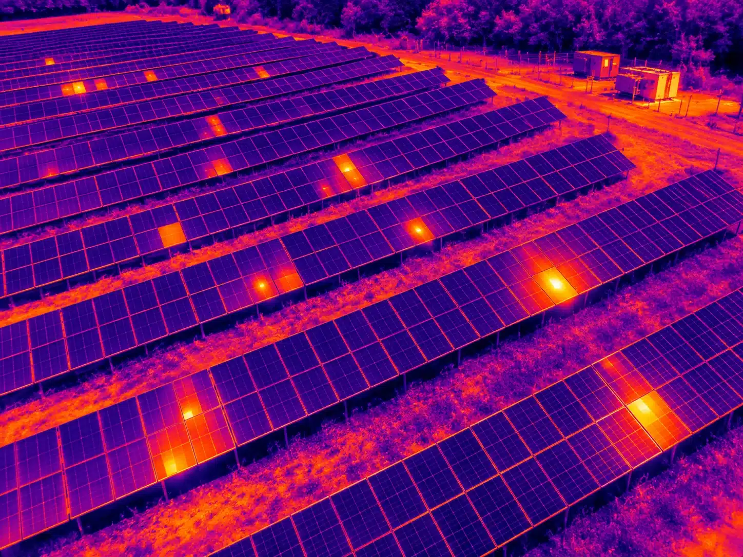 Drone thermal inspection of photovoltaic strings: hot cells highlighted on a ground-mounted PV plant